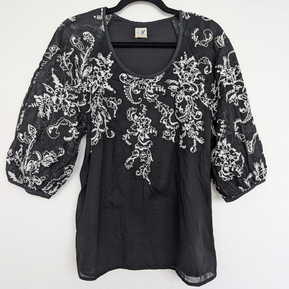Anthropologie Edme & Esyllte Embroidered Puff Sleeve Cotton Silk Blouse Sz 6